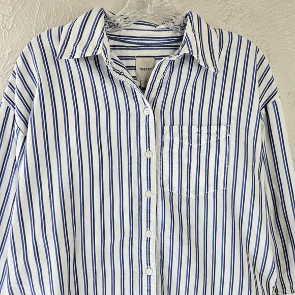 Maeve Buttondown Shirt Blue White Striped Oversized Preppy Nautical Cotton Top - Picture 3 of 13